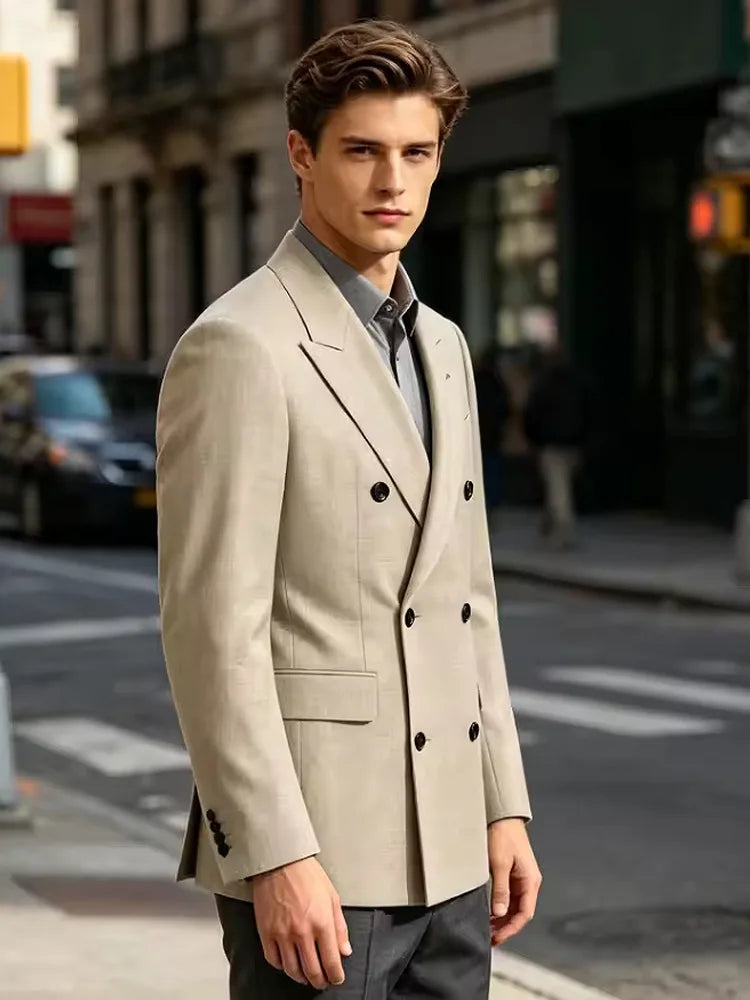 Men's Business Casual Linen Formal Suit Slim-fit Double-breasted Wedding Groom's Dress Party Daily Commuting