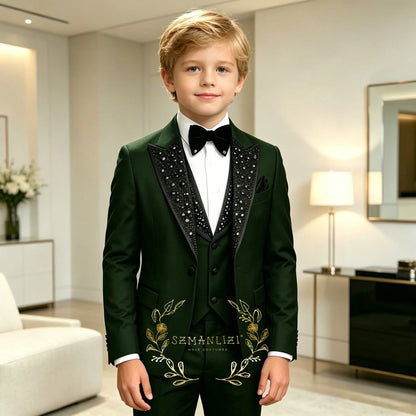 Classic Suits for Boys Black Crystals 3-Piece Fashion Stylish Boy's Tuxedo Formal For Party Outfit For Kids Blazer Vest Pant