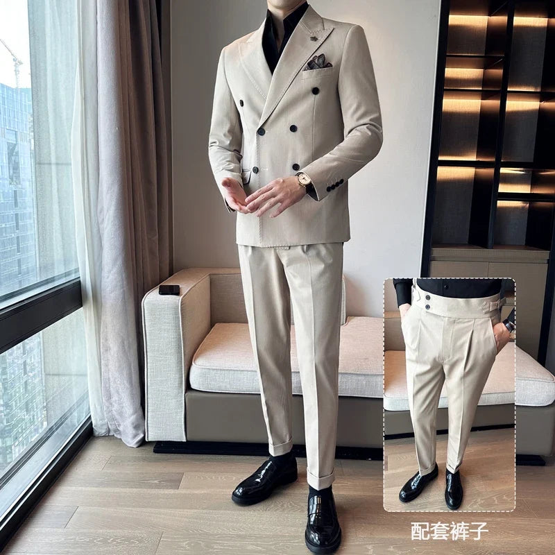 (Blazer + Trousers) Fashion Double Breasted Design Slim Men's Suit Italian Style Luxury Wedding Social Party Tuxedo 2 Piece Set