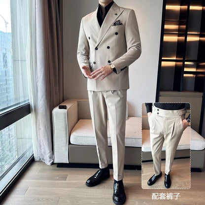 (Blazer + Trousers) Fashion Double Breasted Design Slim Men's Suit Italian Style Luxury Wedding Social Party Tuxedo 2 Piece Set