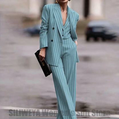 Navy Women's Striped 3 Piece Suit Double Breasted Blazer Vest Wide-Leg Pants Set Fashion Formal Party Office Casual Outfit