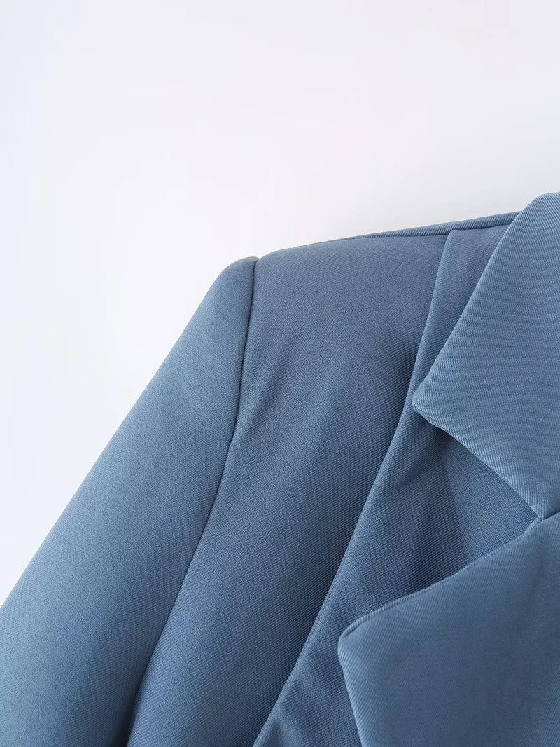 Women's Blue Blazer Jacket Vintage Office Ladies Long Sleeve Single Breasted Cropped Outerwear Suit Coat Y2k 2000s Spring Autumn