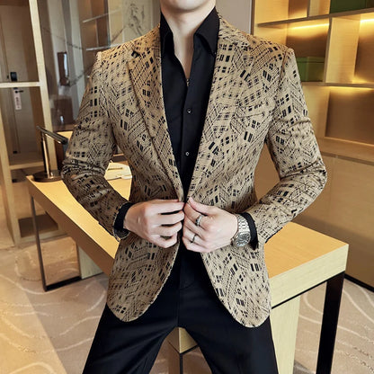 Korean Slim Fit Casual Suit Jacket for Men Fashion Camouflage Business Social Blazers Wedding Streetwear Dress Coat Men Clothing