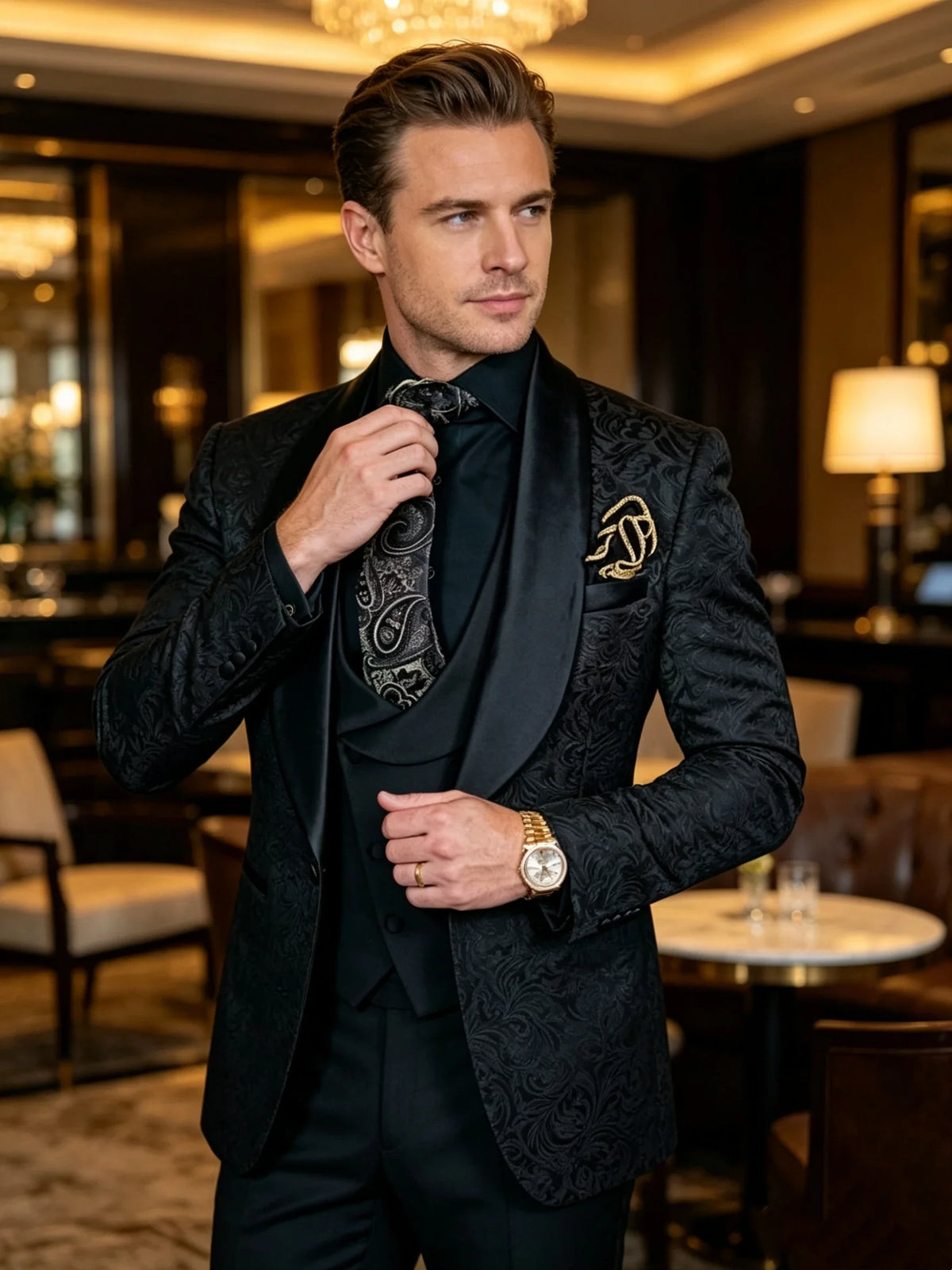 Black Jacqaurd 3 Piece Men's Business Tuxedo Suit Set Classic Formal Shawl Lapel Blazer Vest Pants Outfit for Wedding Party Prom