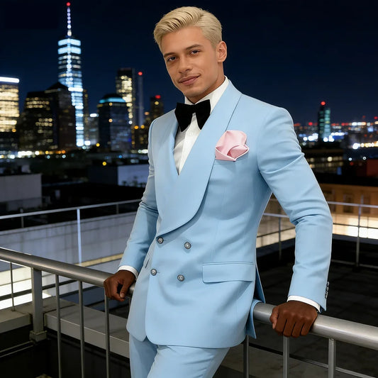 Solid Business Men's Suit 2-piece Set Double-breasted Shaw Lapel Blazer Pants Wedding Groom Tuxedo Party Prom Men Clothes XS-6XL