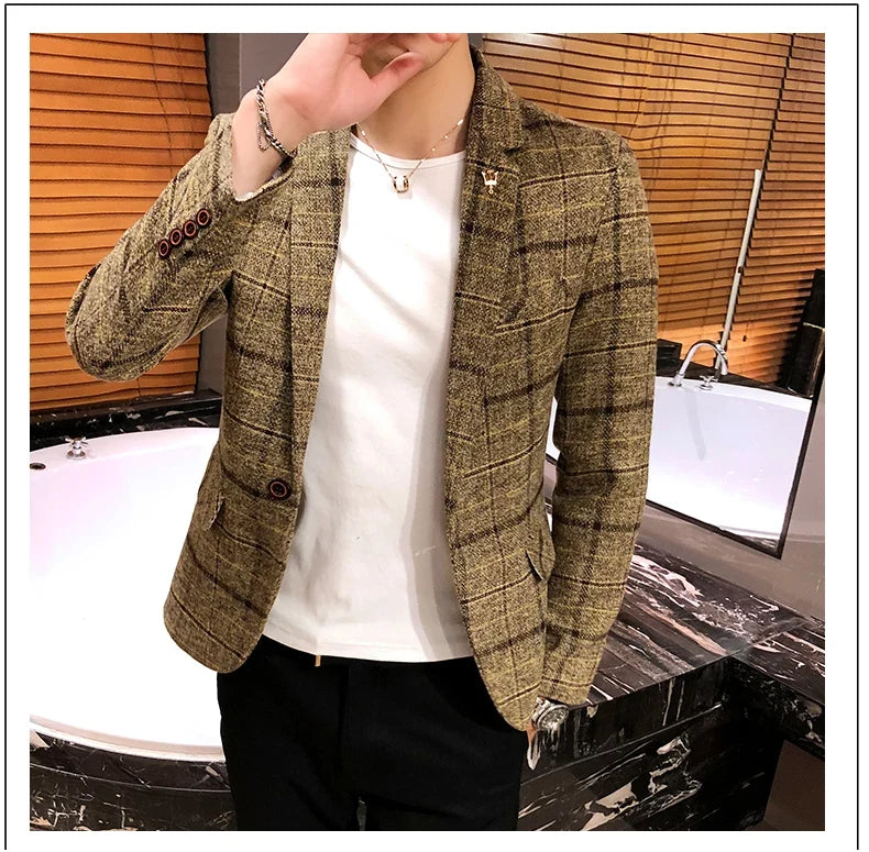 2025 New Men's Casual Plaid Suit Jacket Male Linen Plaid Business Self-cultivation Wedding Dress Party Suit Coat Plus Size S-5XL