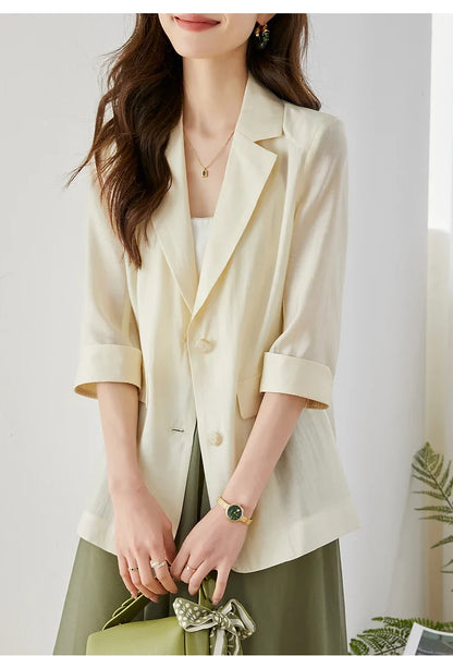 Casual Lyocell Suit Blazers Women 2026 Autumn Fashion Transparent Lightweight Three Quarter Sleeve Office Ladies Blazers