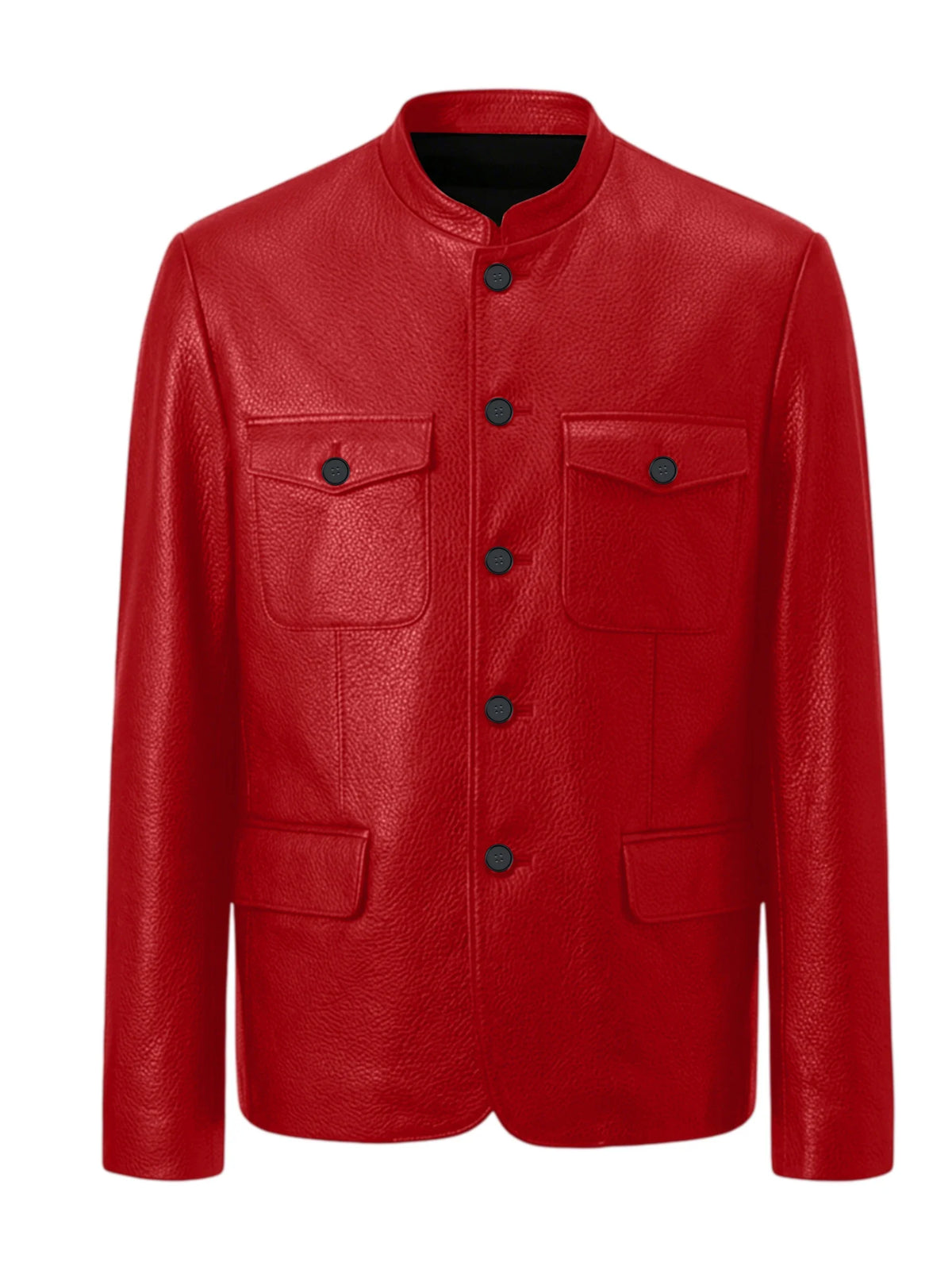 Men Premium Leather-Like Stand Collar Jacket Single Breasted Casual Multi-Pocket Slim Fit Business Outerwear