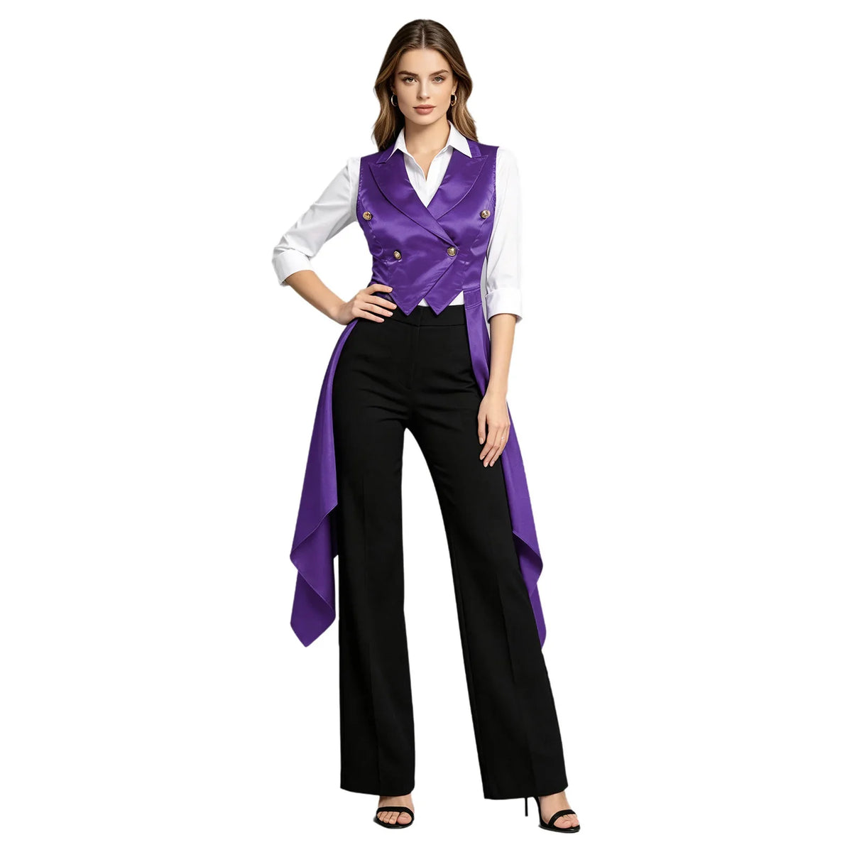 Women Renaissance Victorian Waistcoat Sleeveless Satin Tailcoat Lapel Collar Irregular Hem Vest Top for Halloween Masquerade