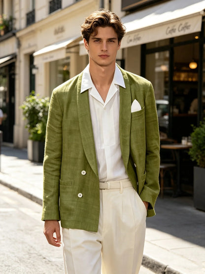 Summer Cotton Linen Blend Men Blazer Double Breasted Casual Suit Jacket Lightweight Soft Elegant Dress Coat For Prom Work Party