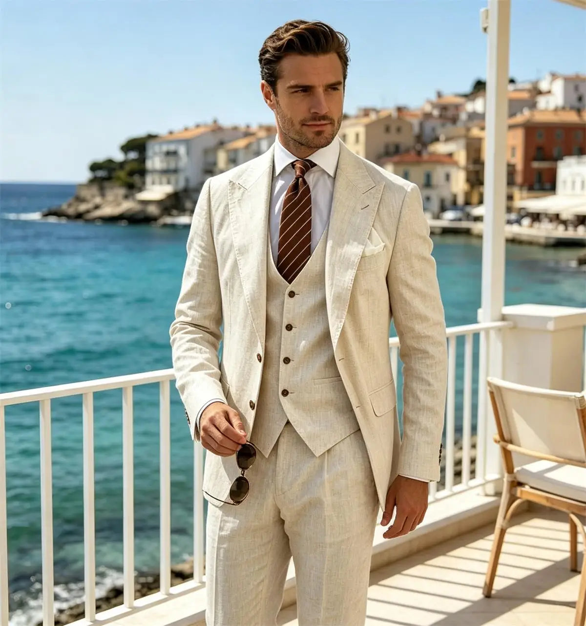 Men's Suit Customized 3 Piece Blazer Vest Pant Linen Set Full Man Terno Linen Suit Notched Lapel Casual Tuxedo Summer Wedding