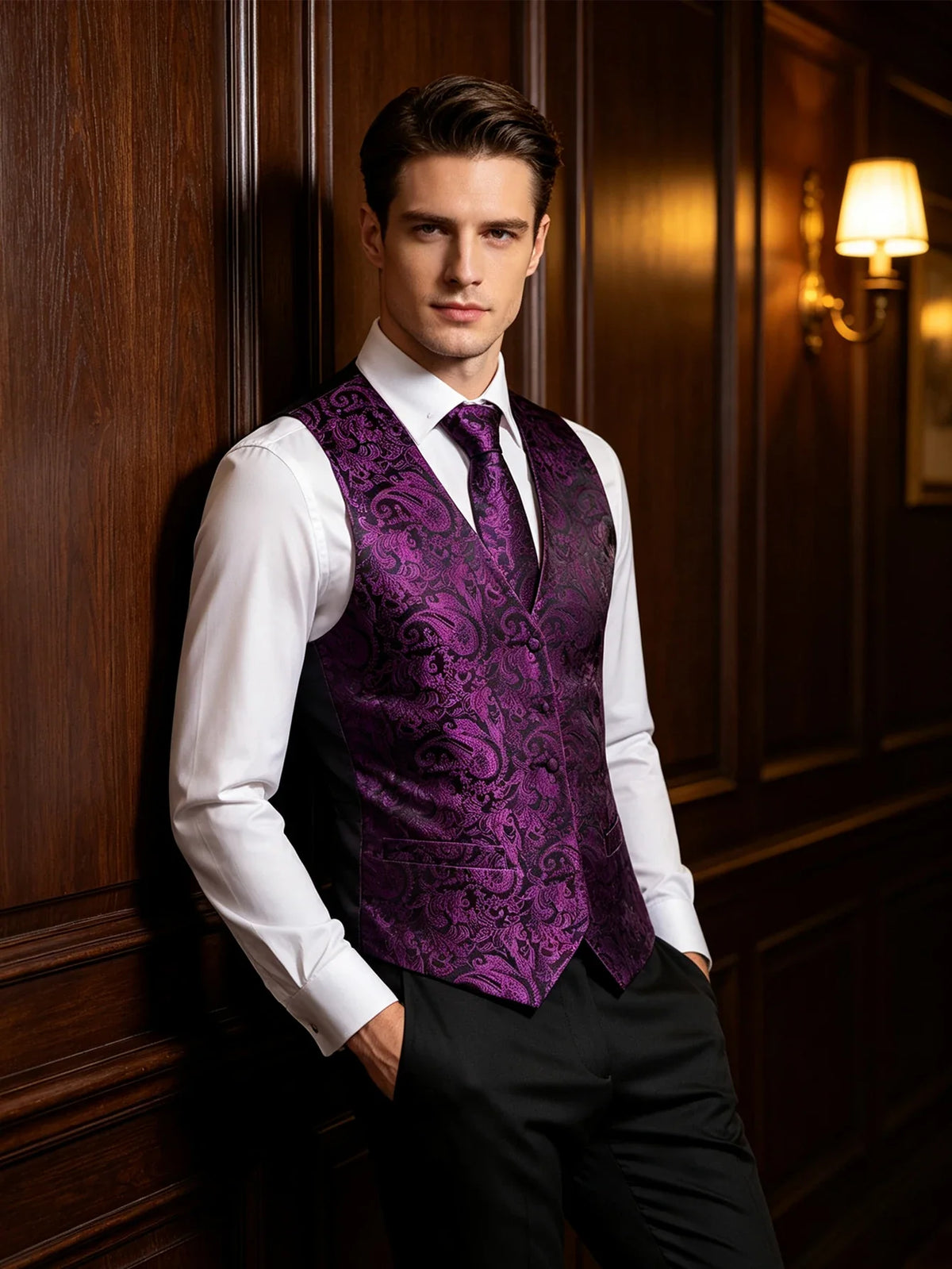 Men's Vest Paisley V-Neck Single Breasted Black & Bright Purple with Tie Pocket Square Cufflinks for Banquet & Party