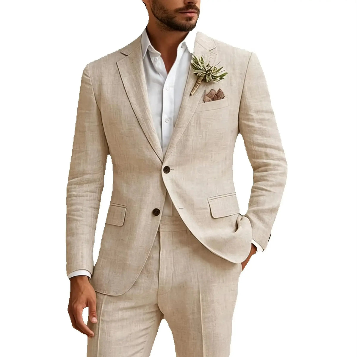 Elegant Beige Linen 2 Piece Men Suits Casual Single Breasted Slim Fit Blazer Pants High Quality Summer Seabeach Wedding Suits
