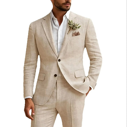 Elegant Beige Linen 2 Piece Men Suits Casual Single Breasted Slim Fit Blazer Pants High Quality Summer Seabeach Wedding Suits