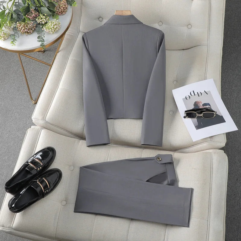 Spring Autumn Solid Women Suits Office Sets 2024 New Fashion Double Breasted Short Blazers Casual High Waist Pencil Pants Suits