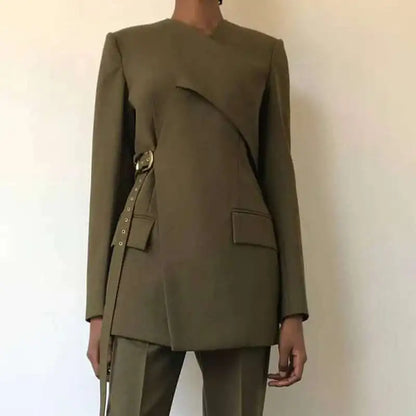 Women Blazer High Street Elegant Punk Stylish V-Neck Lace-Up Trendy Solid Color Cross Irregular Design Suit-Coat New HK3060