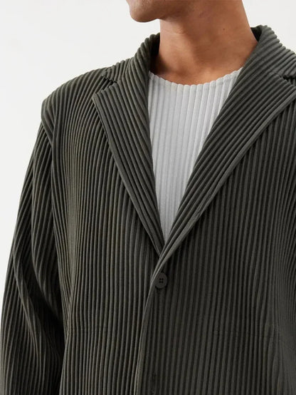 Men's Miyake Pleated Style Blazer Jacket Japanese Casual Stretch Slim Fit Business Office Fashion Luxury Wrinkle Resistant Coat