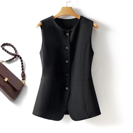 Black Round Neck Single-Breasted Fashion Vest for Women, Spring & Fall Fashionable Slim Sleeveless Suit Vest Top for Outer Wear