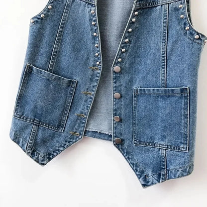 2023 Spring Summer Denim Jacket V-neck Women Vest Coat Female Rivet Sleeveless Short Jeans Jackets Cowboy Waistcoat