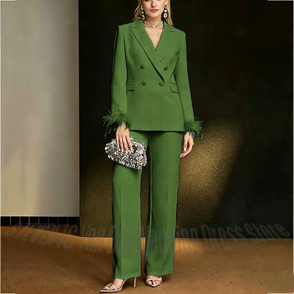 Luxury White Feather Women's Suit Elegant Classic Double Breasted Jacket Pants Formal Evening Party Wedding Guest Outfit