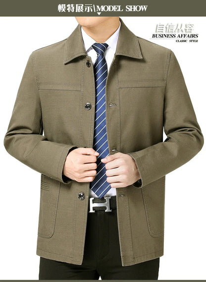 Men's Middle-Aged Cotton Jacket Spring Autumn Lapel Trench Coat Large Size with Buttons Fashionable Classic Outerwear