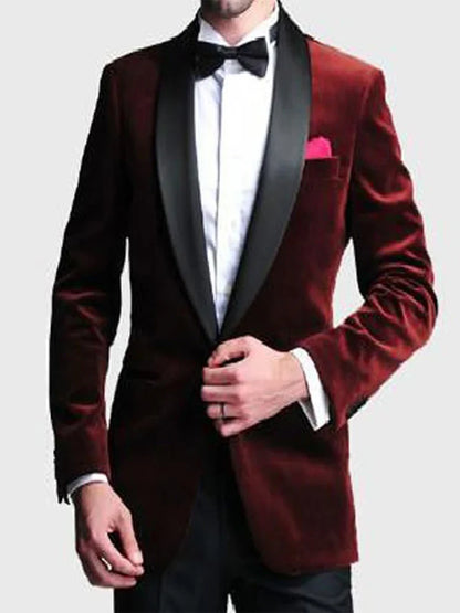 Men's Burgundy Velvet Blazer Shawl Lapel Coat for Dinner Wedding Party Tuxedos Jacket Groom Business Tuxedos Men Suits Tops