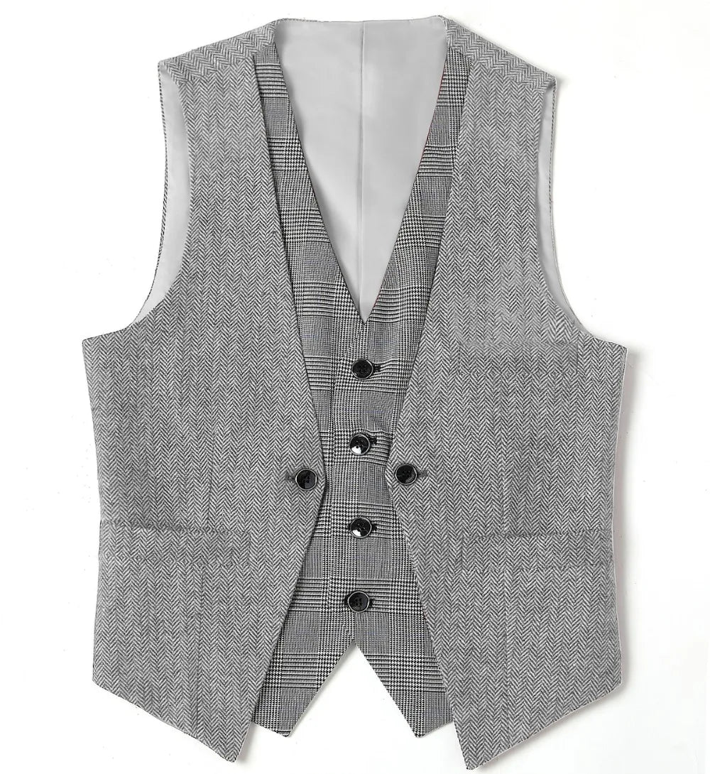 Men's Herringbone Vest – V-Neck Single Breasted Waistcoat for Weddings & Formal Events