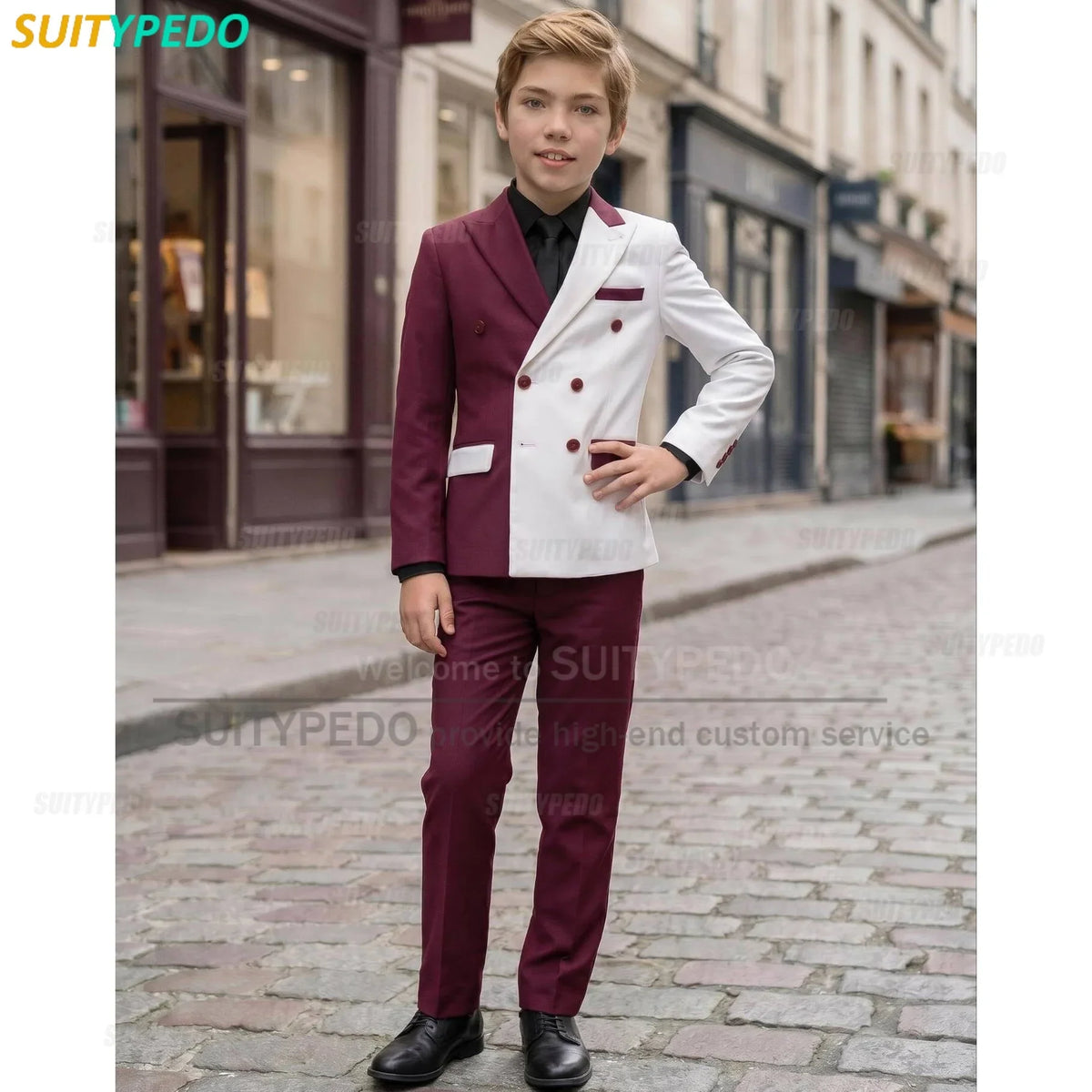 Fashion White And Burgundy Splicing Suit Sets For Boys School Activities Children Host Slim Fit Outfit Classic Blazer Pants 2Pcs