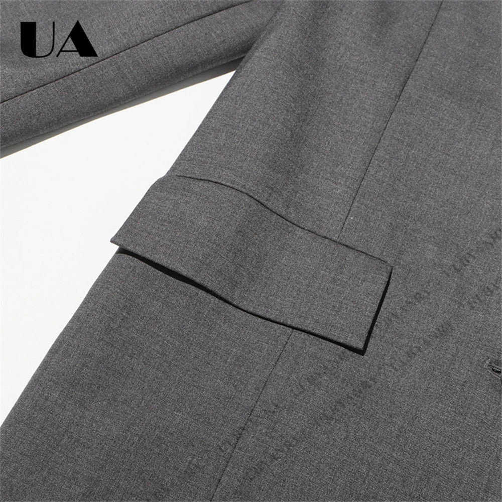 Women’s Grey Blazer with Black Lace Trim Elegant Notched Lapel Cuffs & Hem Jacket Single-Breasted Office Wear