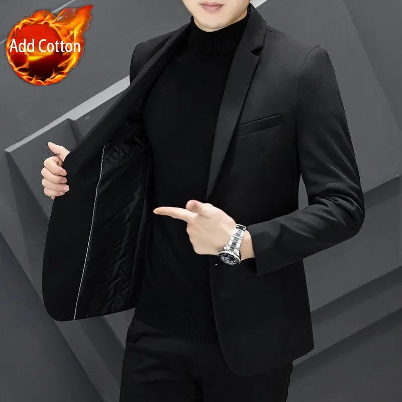 Men's Winter Cotton-Padded Thick Double-Breasted Casual Blazer Korean Style Trendy Solid Color Dark Blue Black Suit Jacket