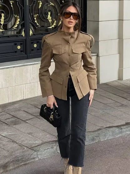Fashion Women Slim Safari Blazer Jacket 2026 Stand Collar Long Sleeve Pocket Vintage Trench Coat Female Elegant Street Blazer