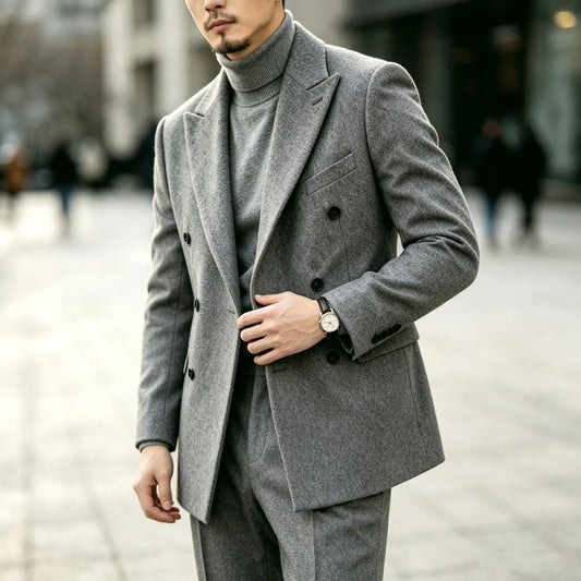 Men's Suit 2-Piece Set Double Breasted Wool Blend Tweed Blazer & Pants for Business Wedding Prom