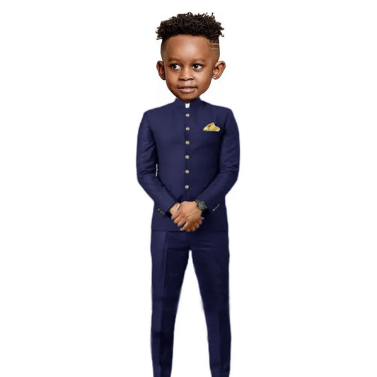 Navy Blue African Design Boys Suits Set For Wedding Formal Tuxedo Kids Costume Piano Performance Children Tailor Made