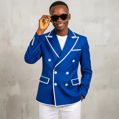Men Navy Blue Double Breasted 1 Piece Jacket Slim Fit Wedding White Contrast Trim Peak Lapel Formal Groom Prom Office Business