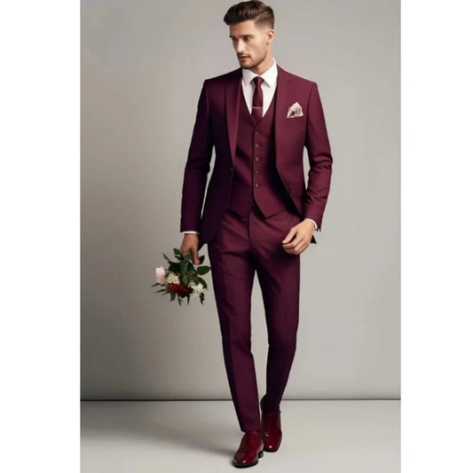 Luxury Burgundy Suits For Men Blazer Notch Lapel Single Breasted Wedding Costume Terno Regular Outfits 3 Piece Jacket Pants Vest