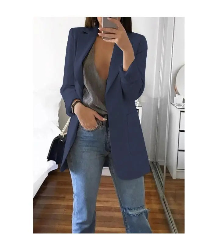 Women's Casual Blazer Notched Lapel Long Sleeve Open Jacket with Pockets Slim Fit Spring Autumn Office Lady Streetwear Coat