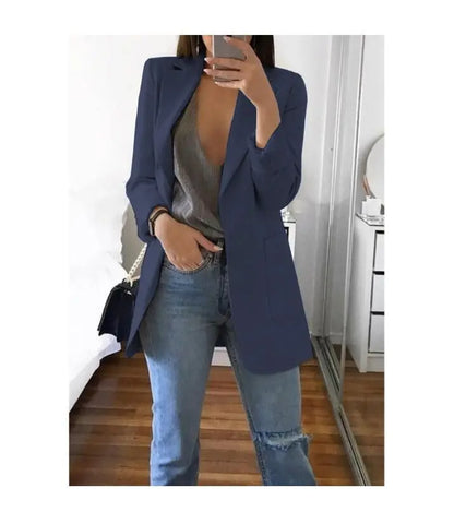 Women's Casual Blazer Notched Lapel Long Sleeve Open Jacket with Pockets Slim Fit Spring Autumn Office Lady Streetwear Coat