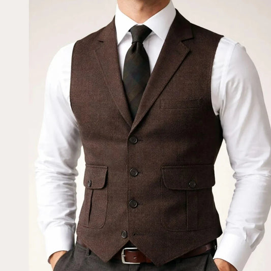 Men's Herringbone Vest Single Breasted Lapel Waistcoat for Weddings & Formal Events
