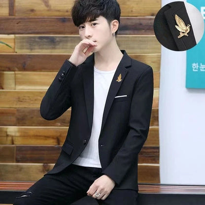 Men's Winter Cotton-Padded Thick Double-Breasted Casual Blazer Korean Style Trendy Solid Color Dark Blue Black Suit Jacket