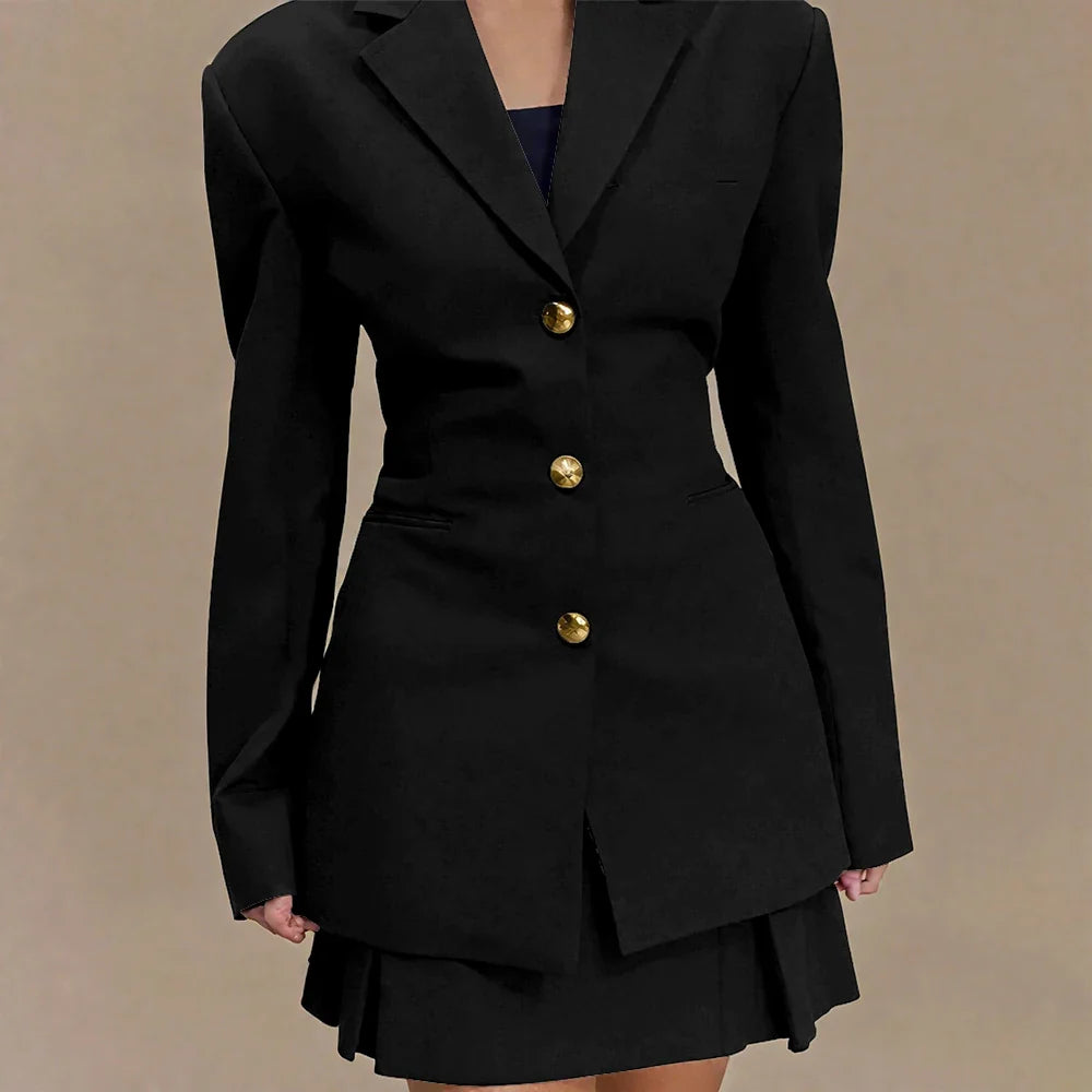 Women's Pleated Skirt Suit Set 2025 2Pieces(Tailored Blazer&High Waist Skirt) Office Chic Single-breasted Notch Lapel Outfit