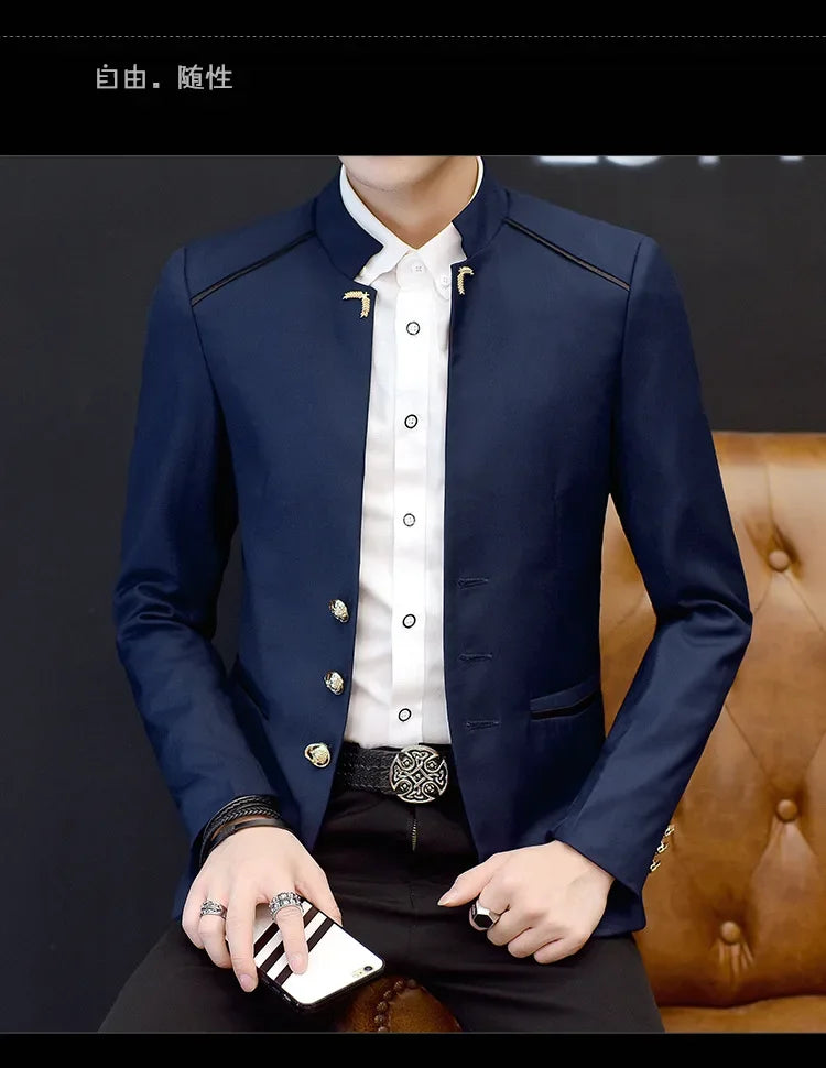 2024 Spring New Men's Stand Collar Casual Suit Jackets Youth Fashion Solid Color Stitching Three Button Mens Blazer Coats