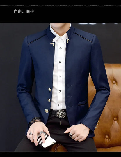 2024 Spring New Men's Stand Collar Casual Suit Jackets Youth Fashion Solid Color Stitching Three Button Mens Blazer Coats