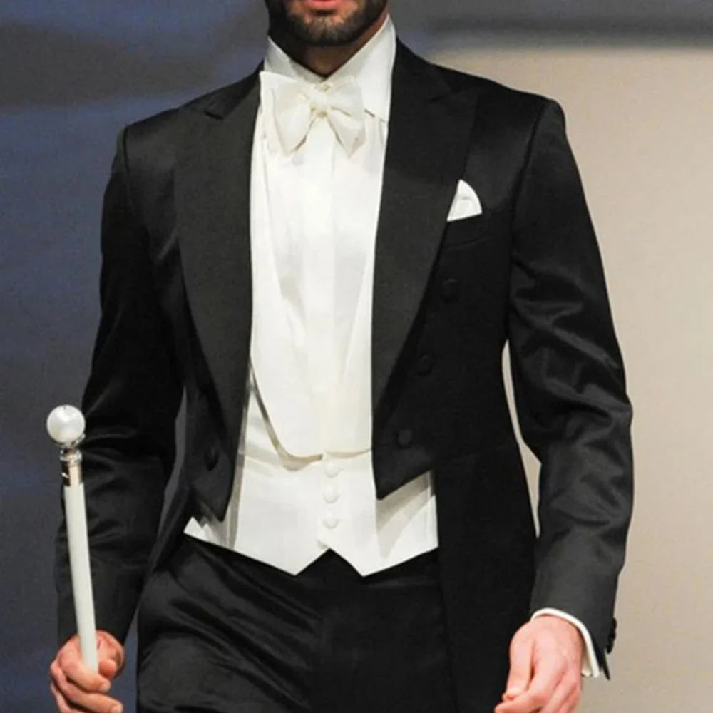 Men's 3-Piece Long-Tail Blazer Tuxedo Smoking Suit for Wedding Party Fashionable Male Jacket Coat Casual Formal Wear