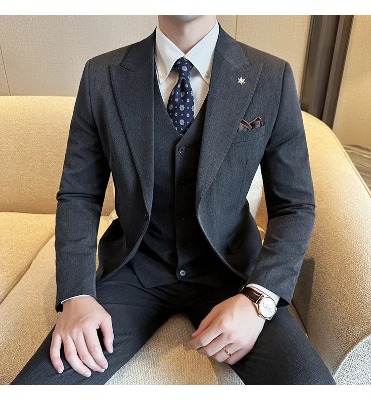 (Blazer + Vest + Trousers) 2024 New Men Formal Business Solid Suit 3 Pieces Set Italian Style Luxury Wedding Social Party Tuxedo