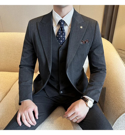 (Blazer + Vest + Trousers) 2024 New Men Formal Business Solid Suit 3 Pieces Set Italian Style Luxury Wedding Social Party Tuxedo