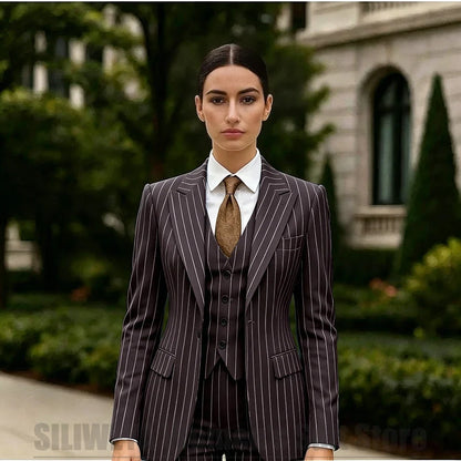 White Striped Women Suit 3 Piece Chic Peak Lapel One Button Blazer Vest Pants Formal Office Business Wedding Party Wear