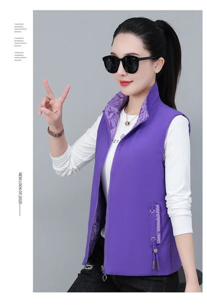 2026 Spring Autumn Women Double-sided Vest Fashion Stand Up Collar Sleeveless Jacket Female Waistcoat Casual Tops Chaleco Mujer