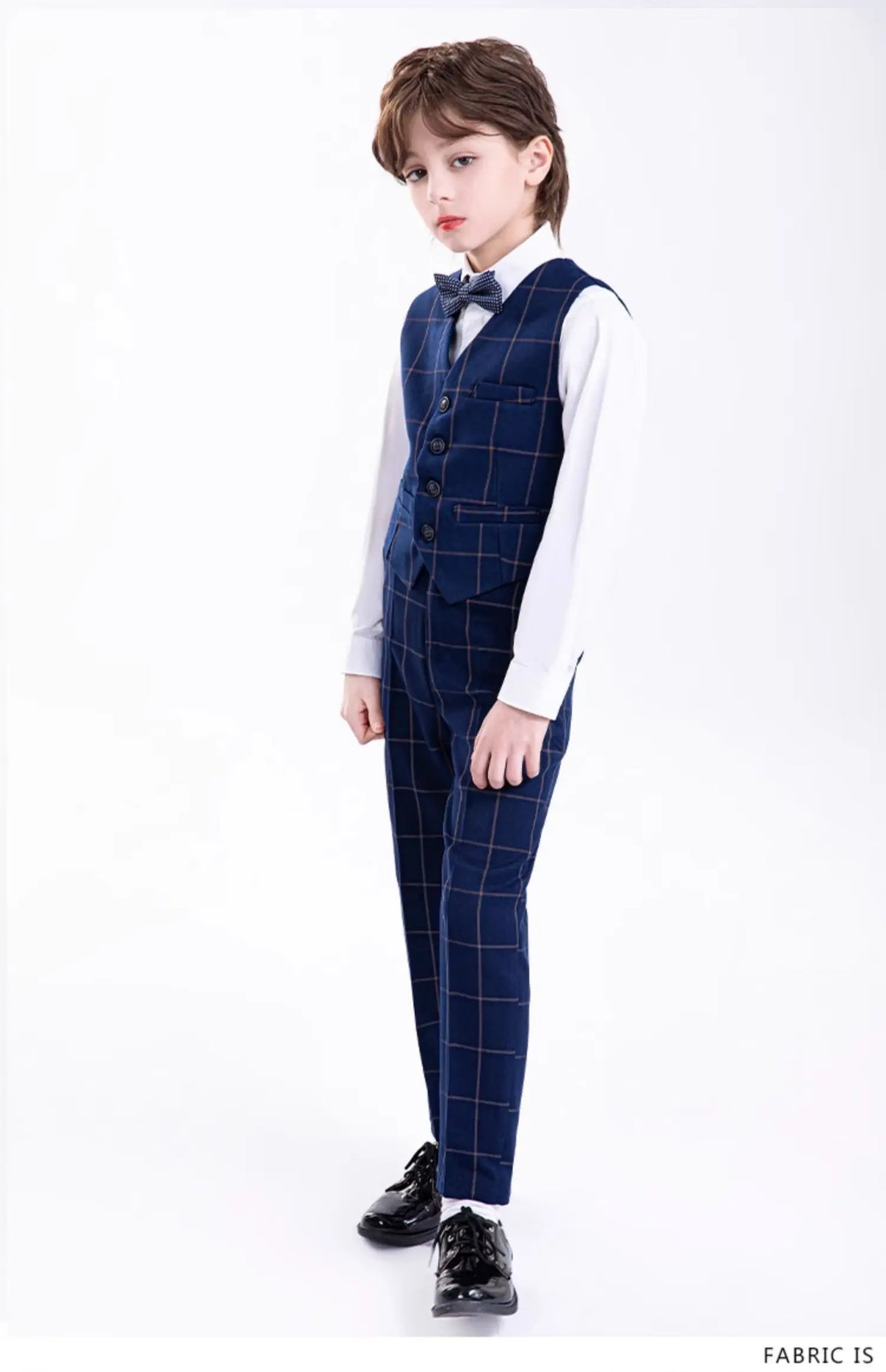 Kids Formal Blue Plaid Blazer Set For Wedding Birthday Boys Jacket Vest Pants Bowtie 4Pieces Suit Set for Piano Host Performance