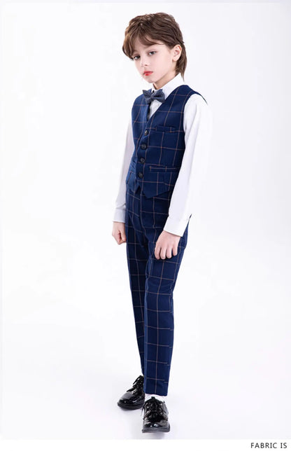 Kids Formal Blue Plaid Blazer Set For Wedding Birthday Boys Jacket Vest Pants Bowtie 4Pieces Suit Set for Piano Host Performance