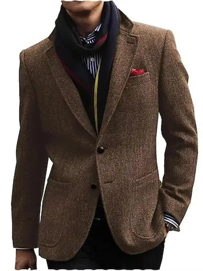Men's Gray/Brown Herringbone Tweed Blazer Single Breasted Notch Lapel Jacket Office Tuxedo Woolen Suit Coat for Business Wedding